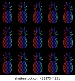 Pattern of colorful pineapples with black background. Gradient pineapples. Black background. Vector with black background.