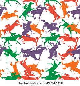 pattern with colorful polo horses on isolated background. Vector horseman and horse background. wallpaper with polo horse, jockey and mallet. polo sport seamless pattern