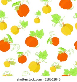 pattern of colorful pumpkins with green leaves