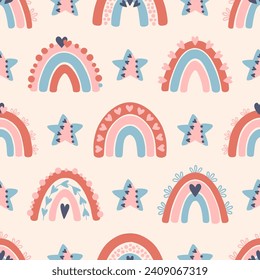 Pattern with colorful rainbow in a naive children's style. Seamless pattern with rainbow in bright colors. Illustration for textile, fabric design, wallpaper, wrapping paper and other printing.