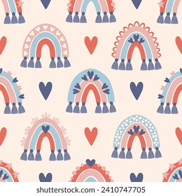 Pattern with colorful rainbows in a naive children's style. Seamless pattern with rainbow in bright colors. Illustration for textile, fabric design, wallpaper, wrapping paper and other printing.