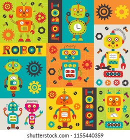 pattern with colorful robots -  vector illustration, eps