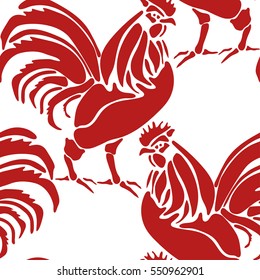 Pattern with colorful rooster. Holiday print. Seamless vector New Year texture.