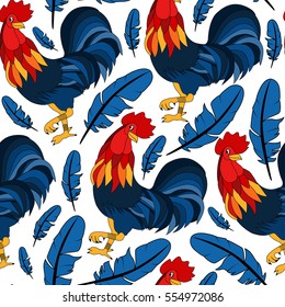 Pattern with colorful rooster. Holiday print. Seamless vector New Year texture.