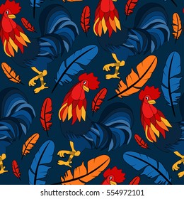 Pattern with colorful rooster. Holiday print. Seamless vector New Year texture.