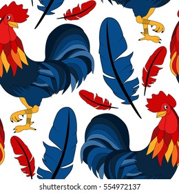 Pattern with colorful rooster. Holiday print. Seamless vector New Year texture.
