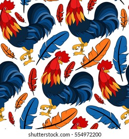 Pattern with colorful rooster. Holiday print. Seamless vector New Year texture.