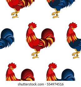 Pattern with colorful rooster. Holiday print. Seamless vector New Year texture.