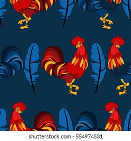 Pattern with colorful rooster. Holiday print. Seamless vector New Year texture.