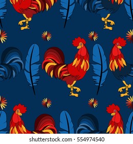 Pattern with colorful rooster. Holiday print. Seamless vector New Year texture.