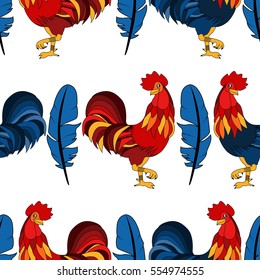 Pattern with colorful rooster. Holiday print. Seamless vector New Year texture.