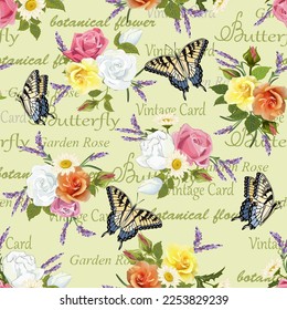 Pattern with colorful roses and text.Vector pattern with colorful roses, lavender, daisies and butterflies on a colored background with text.