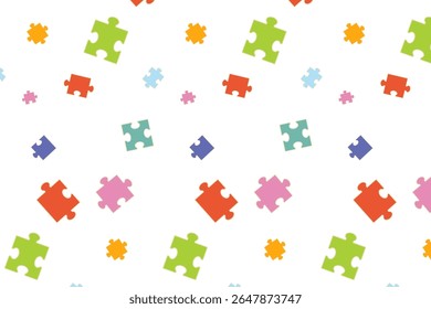 Pattern with colorful scattered jigsaw puzzle pieces, abstract pattern. Perfect for concepts of teamwork, connection, game, strategy, collaboration, and education design elements, texture, textiles.