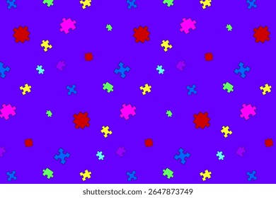 Pattern with colorful scattered jigsaw puzzle pieces, abstract pattern. Perfect for concepts of teamwork, connection, game, strategy, collaboration, and education design elements, texture, textiles.