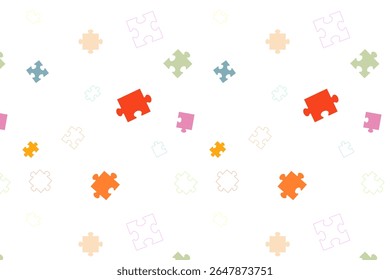 Pattern with colorful scattered jigsaw puzzle pieces, abstract pattern. Perfect for concepts of teamwork, connection, game, strategy, collaboration, and education design elements, texture, textiles.