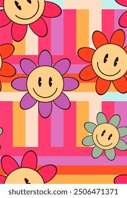 pattern of colorful, smiling flowers on a striped background. It's a playful and cheerful design
