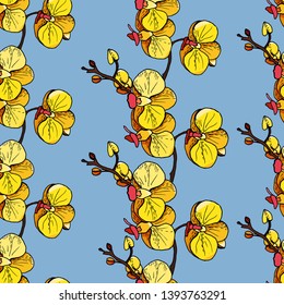 pattern with colorful sprigs of blooming yellow orchids
