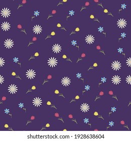 A pattern of colorful spring flowers on a dark purple background