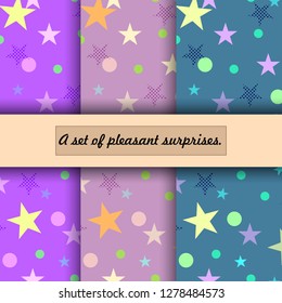 The pattern of colorful stars and dots of different sizes, made in three colors. Set. Great for decorating fabrics, textiles, gift wrapping design, any printed materials, including advertising. 