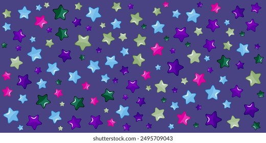 Pattern of colorful stars in various sizes on a purple background. Background for wallpaper and wall decor in a children's room.