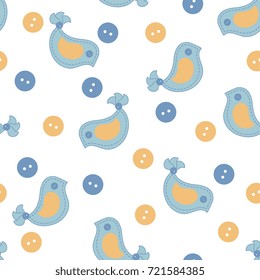 Pattern with colorful stitched birds and buttons. Template for design, fabric, print.