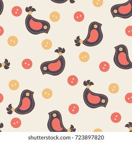Pattern with colorful stitched birds and buttons. Template for design, fabric, print.