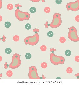 Pattern with colorful stitched birds and buttons. Template for design, fabric, print.