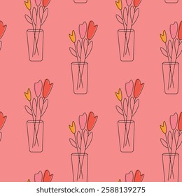 Pattern of Colorful Stylized Tulips in Vases on a Pink Background. Seamless design showing simple colorful tulips in vases on a pink backdrop. Ideal for decorative use.