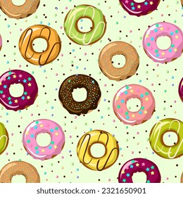 Pattern with colorful sweet donuts.Vector pattern with round sweet donuts on a colored background.Colorful confectionery.