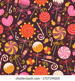 Pattern with colorful sweets candy. For birthday party. Design concept for holidays greeting cards, festival decoration, gift card. Vector party backdrop
