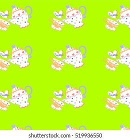 pattern with colorful teapots on green background.Vector illustration.