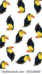 pattern colorful Toucan sitting on a branch that is repeated on a white background