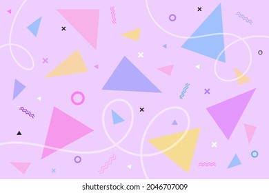Pattern with colorful triangles on a pink background. Vector. Cute birthday prints. Pastel illustration. Retro backgrounds. Geometric trendy color backdrop. 