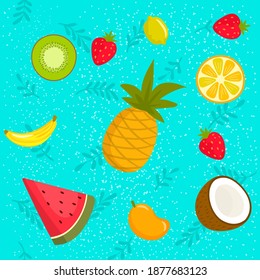 Pattern of colorful tropical fruits with blue background