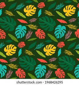 Pattern with colorful tropical leaves. Design over green background. Vector illustration. For covers, packaging, fabrics, prints and flyers, various decor.