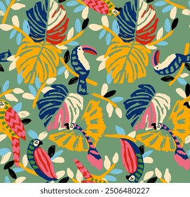pattern with colorful tropical leaves and toucans
