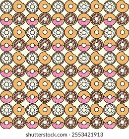 Pattern of colorful variant sweet donuts. Dessert background. Vector Illustration