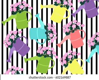 Pattern of colorful watering cans with bouquets of roses on a black and white striped background - Vector Illustration