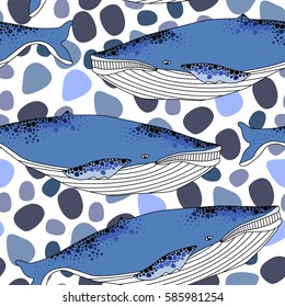 Pattern with colorful whale.Seamless vector print with wild animal.Textile texture