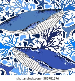 Pattern with colorful whale.Seamless vector print with wild animal.Textile texture