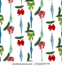 Patrón con carámbanos de invierno de colores en las ramas de abeto, decorado con arcos festivos. Navidades elemento de vacaciones para tarjetas de felicitación de temporada, carteles, decoración de invierno, o proyectos de Diseño gráfico