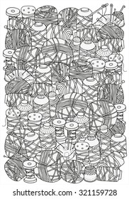 Pattern for coloring book. A4 size. Needles, thread, pins. Hand-drawn decorative elements in vector. Black and white pattern.  Made by trace from sketch. Zentangle.