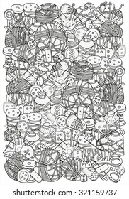 Pattern for coloring book. A4 size. Clothes buttons, needles, thread, pins, scissors. Hand-drawn decorative elements in vector. Black and white pattern.  Made by trace from sketch. Zentangle.