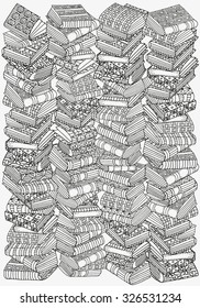 Pattern for coloring book. A4 size. Artistic books, mountain of books, bookshelf,  hand-drawn decorative elements in vector. Black and white pattern.  Made by trace from sketch. Zentangle patterns