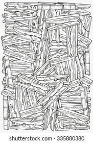 Pattern for coloring book. A4 size.  Wooden clothespins , hand-drawn decorative elements in vector. Black and white pattern.  Made by trace from sketch. Zentangle