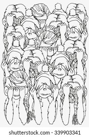 Pattern for coloring book. A4 size. Three Monkeys. I do not see, not hear, not speak. The symbol of the year 2016. Hand-drawn, doodle, vector, zentangle design element.