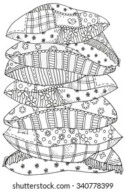 Pattern for coloring book. A4 size. Set of different pillows. Artistically patterns. Hand-drawn, retro, doodle, vector, zentangle tribal design elements. Hand-drawn vector illustration.