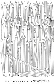 Pattern for coloring book. A4 size. Set of colored pencils, hand-drawn decorative elements in vector. Doodles. Black and white.  Made by trace from sketch. 