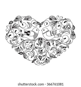 Pattern for coloring book. Coloring for adult and children. Flower pattern. Pair of birds in the garden. Vector illustration
