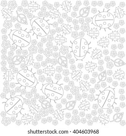 Pattern for coloring book. Coloring for adult and children. Flower pattern. Vector illustration. Ladybug in the garden.